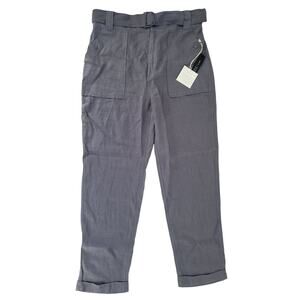 Tahari Luxe Linen Women's Cargo Pants Gray Elastic Waist Belted Pockets‎ Size M